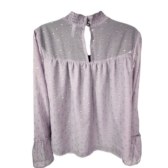 Sheer Long Bell Sleeve Lilac Mauve Flowy Peasant Blouse Gold Pattern Women’s M - Picture 5 of 8